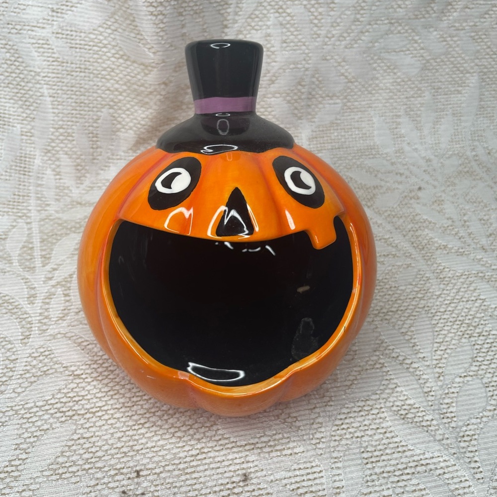 Halloween Pumpkin w Top Hat Jack O' Lantern Candy Bowl Dish MAGENTA Trick Treat!
